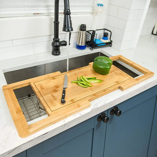 [2024 UPGRADE] Hifybaty Over The Sink Cutting Board - Expandable Cutting Board Over Sink Bamboo Cutting Boards with Juice Groove Kitchen Sink Cutting Board